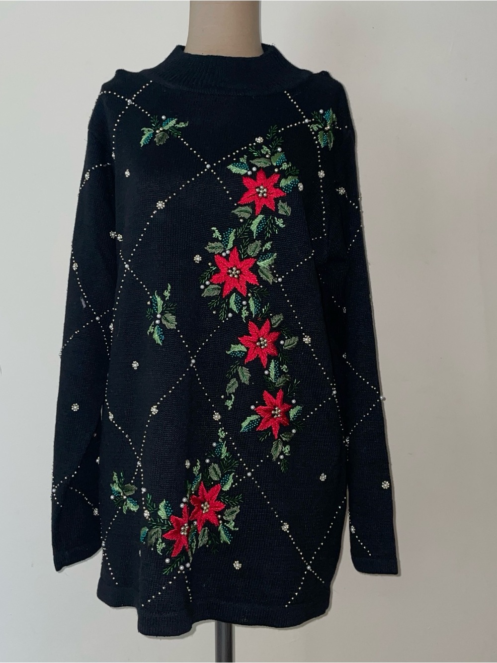 Victoria Jones Woman Black Sweater with Red Floral Embroidery
